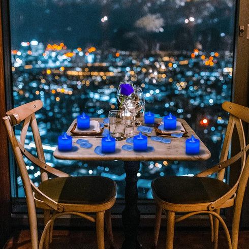 LANKER 500 PCS Blue Artificial Rose Petals with 24 PCS Bright Flickering Blue Flameless LED Tea Lights Candles for Valentine's Day and Romantic Oc...