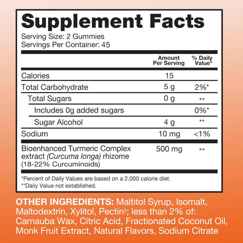 Qunol Zero Sugar Turmeric Gummies, Gummy with 500mg Turmeric Curcumin, Joint Support Supplement, Ultra High Absorption Tumeric Curcumin, Vegetaria...
