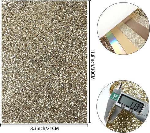 8 Pieces 8x12 Inch Faux Leather Sheets Light Gold Fine Chunky Glitter Patent Metallic Litchi Holographic Snake Texture Leather Fabric for Bows Ear...
