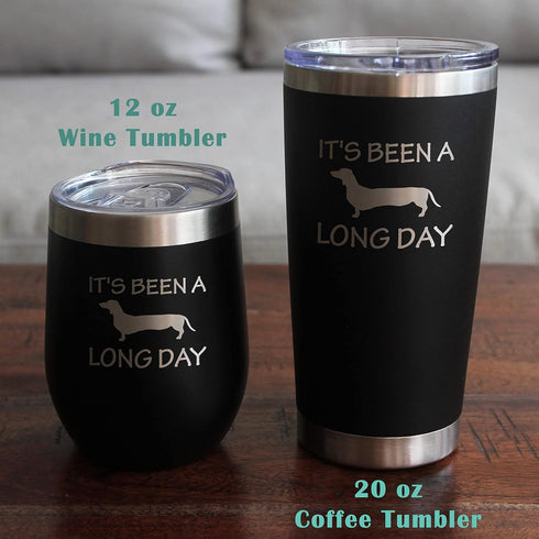 Been a Long Day - Dachshund Wine Tumbler with Sliding Lid - Stemless Stainless Steel Insulated Cup - Cute Funny Gift for Coworkers or Boss - Purpl...