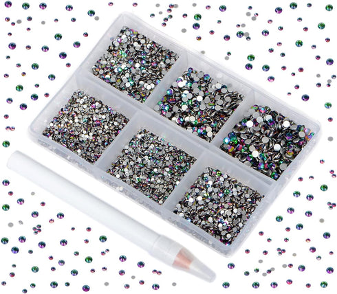 Bymitel 7200 Pieces 6 Mixed Sizes Glue Fix on Glass Rhinestones Round Crystal Gems Flatback for DIY Jewelry Making with one Picking Pen(6-Sizes 72...