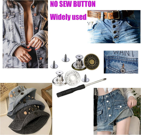 12 Pcs Button for Sewing Metal Jeans, 20 mm No-Sew Nailess Removable Metal Jeans Buttons Replacement Repair Combo Thread Rivets and Screwdrivers.(...