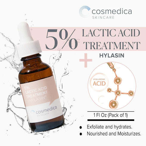 Cosmedica Skincare 5% Lactic Acid Treatment Hylasin - AHA, Hyaluronic Acid, Gentle Exfoliator Dark Spot Corrector, Anti-Aging, Face Peel Brighteni...