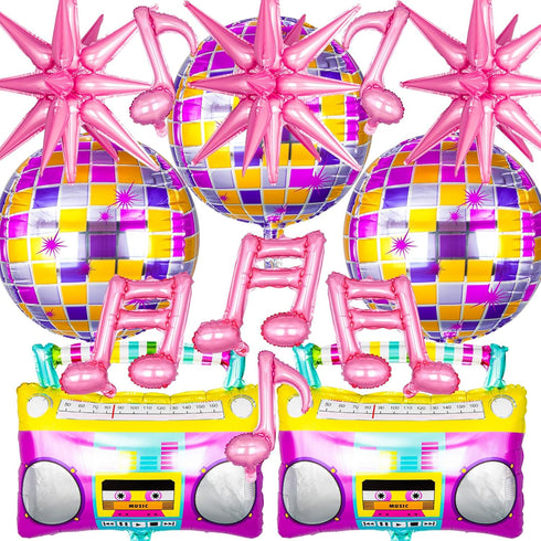 Retro Boombox Balloon?Pink Disco Ball Balloons 14 Pcs Music Disco Foil Mylar Balloons for Girls Disco Party Decorations?70s 80s 90s Party Decor?Bi...