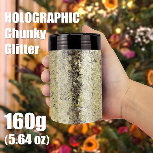 Holographic Chunky Glitter, 5.64oz/160g Craft Glitter Powder Mixed Chunky Flakes, Iridescent Sequins for Nail Art, Hair, Body, Epoxy Resin, Tumble...