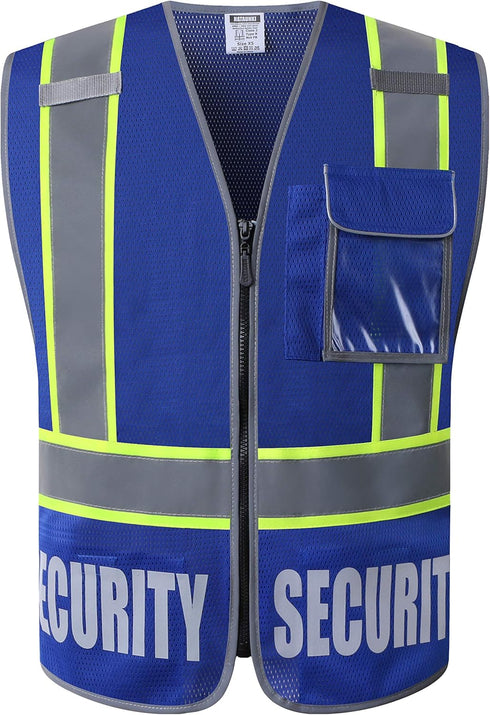 Retro-Reflection Security Safety Vests Heavy Duty Blue Mesh with 5 Pockets and Front Zipper Meet ANSI/ISEA 107-2015 (Blue-22, Large)...