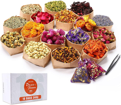 15g/bag Dried Flowers,100% Natural Dried Flowers Herbs Kit for Soap Making, DIY Candle Making,Bath - Include Rose Petals,Lavender,Don't Forget Me,...