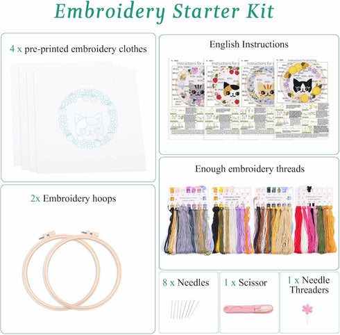 Harimau 4pcs Beginner Embroidery Kit,Cute cat Pattern,Cross Stitch Kits, Including Stamped Embroidery Cloth with 2 Embroidery Hoops, Multicolor Co...
