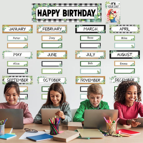 116Pcs Eucalyptus Birthday Bulletin Board Set Classroom Happy Birthday Chart Cutouts Name Plates Decorations for Calendars Bulletin Boards Wall Pr...