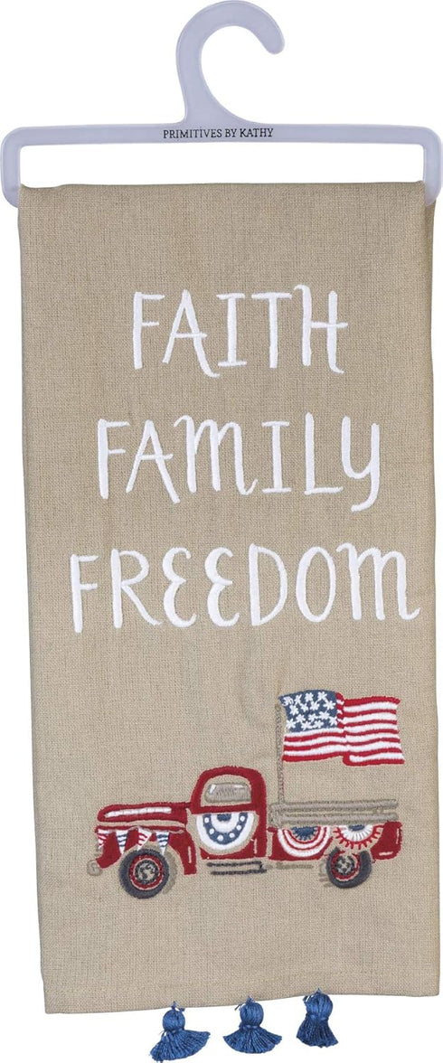 Primitives by Kathy Patriotic Embroidered Dish Towel, 20"x 26", Faith Family Freedom...