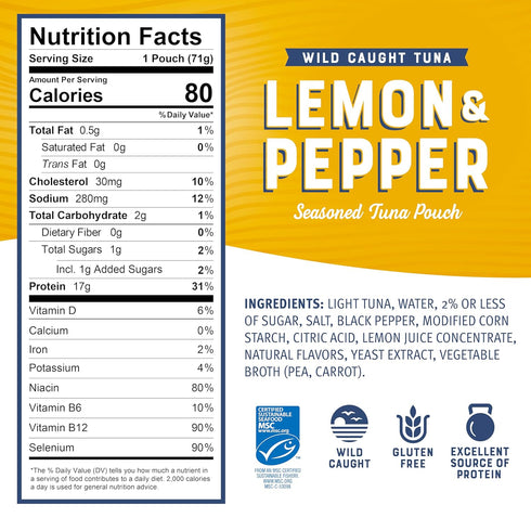 Bumble Bee Lemon & Pepper Seasoned Tuna, 2.5 oz Pouch - Ready to Eat - Wild Caught Tuna Packet - 17g Protein per Serving - Gluten Free...