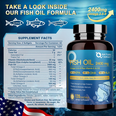 Triple Omega 3 6 9, Fish Oil 2400mg Softgels with Vitamin D3 & E - EPA & DHA & ALA - Supports Heart, Brain, Joint & Immune Health, Sustainably Sou...
