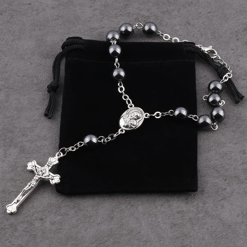 Luomu Hematite Beads Auto Rosary, Car Rosary One Decade Catholic Rosary with Clasp, with Terra Jerusalem Medal Centerpiece and Crucifix Medal Hang...