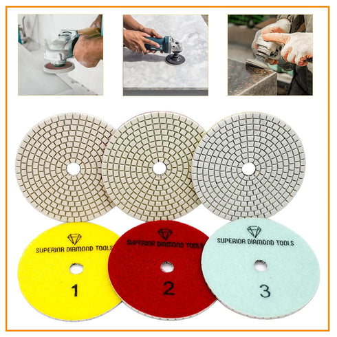 3 Step Diamond Polishing Pads - Wet or Dry - Granite, Quartz, Marble, Concrete, Terrazzo - High Temperature Resistance - White Resin - 4'' Hook an...