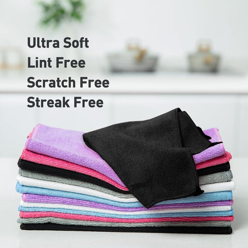 Black Microfiber Cleaning Cloth 13"x13", Ultra Soft Absorbent Microfiber Cleaning Rags for Housekeeping Cleaning Supplies, Lint Free Reusable Clea...