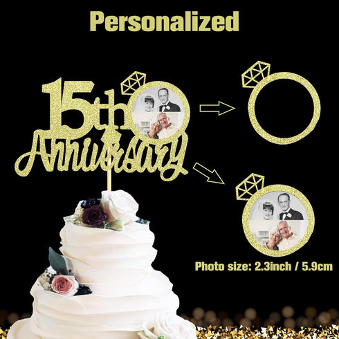 Sumerk 15th Anniversary Cake Topper,13pcs Gold Glitter Cake Toppers with Small Heart,Cake Decorations for 15th Wedding Anniversary Celebration Par...