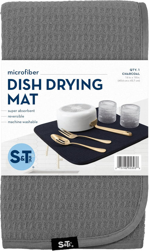 S&T INC. Dish Drying Mat, 16” x 18”, Absorbent Microfiber Kitchen Counter Mat, Dish Drying Pad for Dishes, Utensils, Pots and Pans, Large, Charcoa...