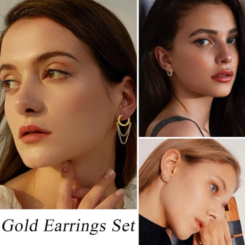 LOYALLOOK 28Pcs 14K Gold Plated Cartilage Stud Earrings and Hoops Set Stainless Steel Conch Helix Tragus Flatback Stud Earrings Dangle Chain Huggi...