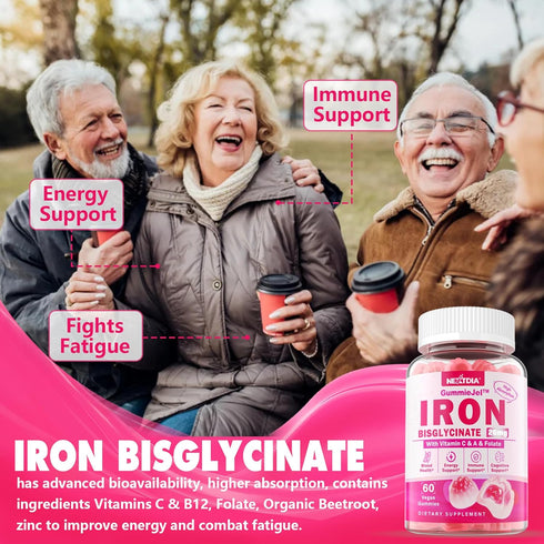 Vegan Iron Filled Gummies for Women, Non Constipating High Absorption 26mg Gentle Bisglycinate Iron w/Vitamin C, Folate, Beet Root, B12 for Iron D...