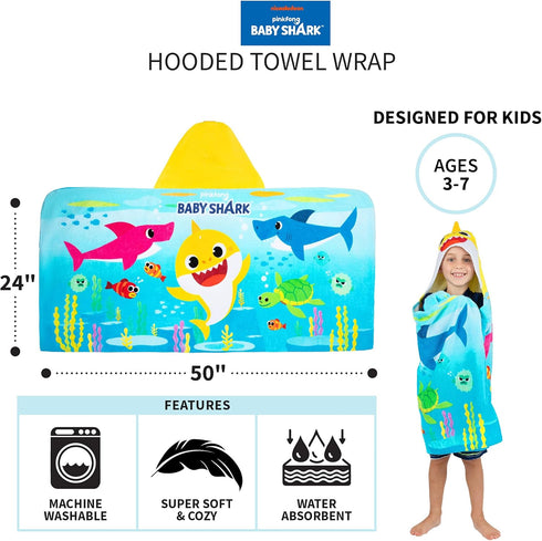 Franco Baby Shark Bath/Pool/Beach Soft Cotton Terry Hooded Towel Wrap, 24 in x 50 in, Kids...