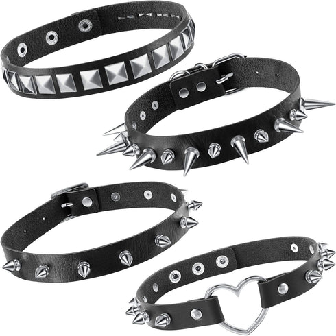 Hicarer 4 Pieces Cool Punk Women Men Biker Choker Heart Gothic Halloween Choker Necklace PU Leather Studded Stone (Black) Faux Leather, Faux Leath...