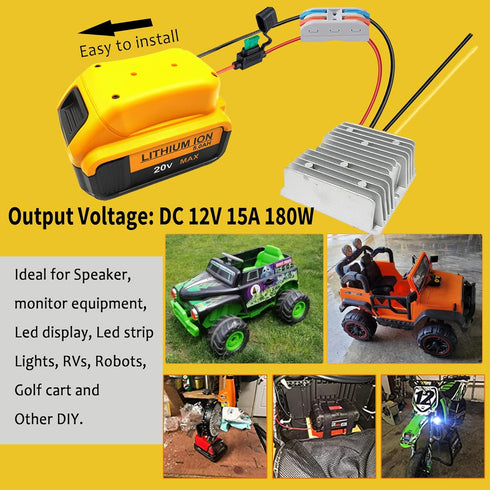 20v to 12v Step Down Converter Power Inverter Aadpter for DeWalt 20V Batteries, DC Voltage Battery Power Adapter 15A 180W Voltage Converter(20v,Ye...