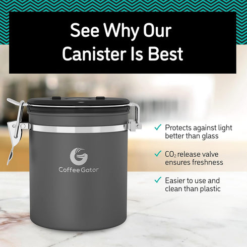 Coffee Gator Coffee Canister - 22oz, Airtight Stainless Steel Kitchen Food Storage Container with Date Tracker, Scoop for Grounds Coffee Bar Acces...