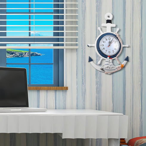 Sea Theme Nautical Anchor Steering Wheel Fishing Net Wall Clock Suit for Hanging Decoration Ornament Shelf Stand Wall Mounted...