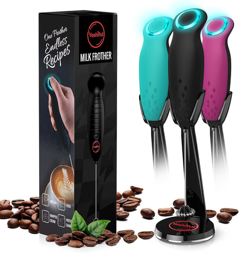 Milk Frother for Coffee with Deluxe Stand - Coffee Frother Handheld Foam Maker for Lattes - Turbine Whisk Drink Mixer Handheld - Frother Wand Stir...