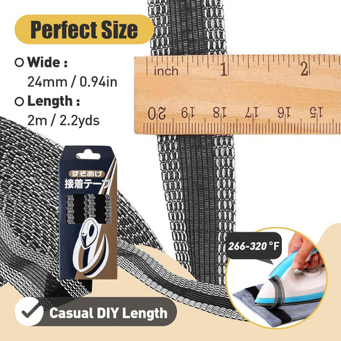 Hem Tape for Pants 2m (0.94inch x 2.2yds) Iron-on Instant Hem Tape, Permanent No Sew Hemming Tape, Washable Hem Adhesive Tape, Black Iron on Pants...