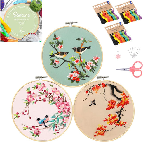 Santune 3 Pack Embroidery Kits for Adults Cross Stitch Kits for Beginners Hand Embroidery with Bird Patterns and Instructions Hobby Kits for Adult...