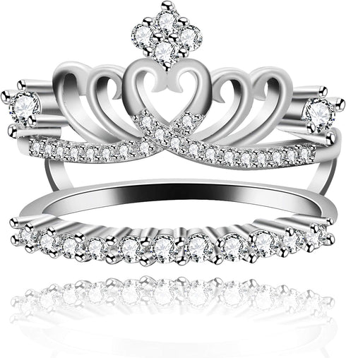 Uloveido Women's Platinum Plated Cubic Zironica Princess Crown Wedding Engagement Rings Guard Wraps and Enhancers Y480...