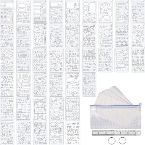 48 Pieces Journal Planner Stencils Plastic Bullet Stencil with A6 File Bag, Steel Ruler and 2 Pieces Metal Key Rings for Notebook, Diary, Scrapboo...