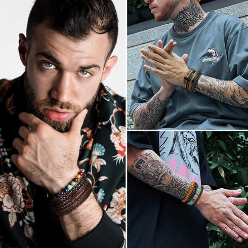 FIBO STEEL 31 Pcs Braided Leather Bracelets for Men Women Wooden Beads Cool Hemp Tribal Wristbands Cuff Punk Multilayered Bracelets...
