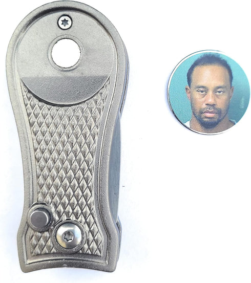 Tiger Woods Mugshot Golf Divot Repair Tool with Ball Marker - Foldable Switchblade Design (Gray)...