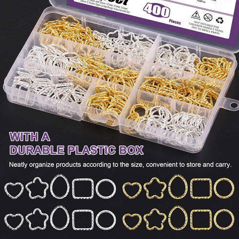 Swpeet 400Pcs Gold and Sliver 12mm 15mm 16mm 18mm 5 Styles Open Jump Rings Assortment Kit, Plum Bossom/Water Droplets/Heart/SquareIron O Rings Con...