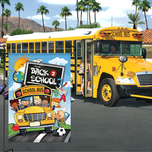 wondever Back to School Garden Flag 12×18 Double Sided Vertical Burlap ABC School Bus Yard Flags for Classroom Decorations Yard Holiday Outdoor Fl...