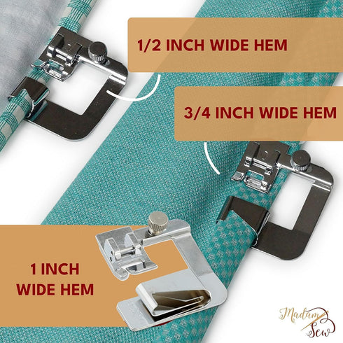 Madam Sew Rolled Hem Presser Foot Set – 3 Piece Wide Hemmer Foot Kit Includes 1/2”, 3/4" and 1” Presser Feet – Compatible with Most Models of Sing...