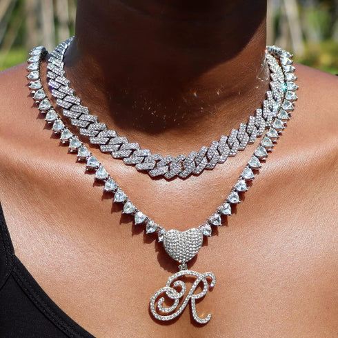 Silver Cuban Link Chain for Women Cursive Initial Layered Necklaces Heart Shape Bling Diamond Iced Out Pendant Necklace for Women 2PCS Hip Hop Cha...