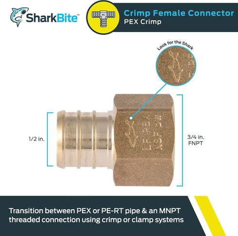 SharkBite 3/4 x 1/2 Inch FNPT Crimp Connector, Brass Plumbing Fitting, PEX Pipe, PE-RT, UC092LFA...