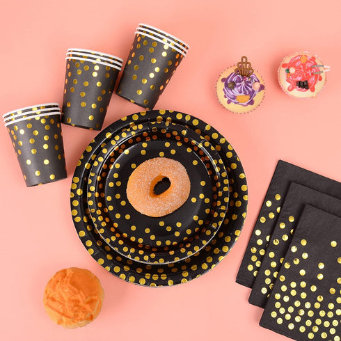 201 Black and Gold Party Supplies, Golden Dot Disposable Party Dinnerware - Black Paper Plates Napkins Cups, Gold Plastic Forks Knives Spoons for ...