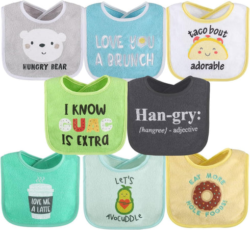 The Peanutshell Baby Boy or Girl Terry Bibs Set of 8-100% Cotton, Soft, Absorbent Baby Bibs, Unisex Toddler Boy or Girl Set, Newborn & Infant - Ha...