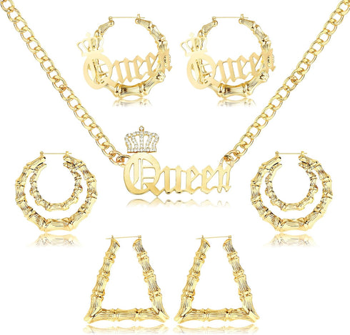 sailimue Chunky Curb Chain Necklace with Bamboo Hoop Earrings Set Gold Plated 80s/90s Punk Hip Hop Rapper Style Accessories Set for Women...