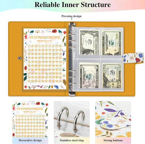 Vienrose 100 Expense Envelopes Money Saving Binder, Cash Challenge Binder for Saving $5,050, Budget Book Planner with Expense Pouches (Wildflowers...
