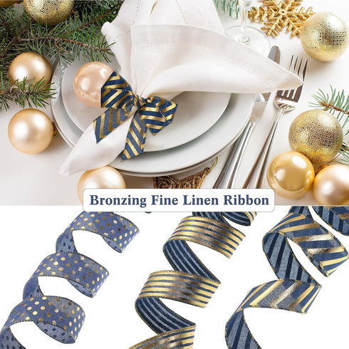 1.5 Inch Wedding Ribbon Wired Burlap Stripes Ribbon for Wreath Stripes Dots for Christmas Anniversary Bachelor Party Decor Craft, 3 Rolls (Blue an...