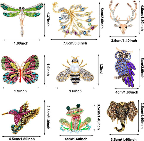 Hicarer 9 Pieces Women Brooches Pins Bulk Set Rhinestone Animal Insect Crystal Pins Butterfly Dragonfly Hummingbird Owl Peacock Brooch Pin for Wom...