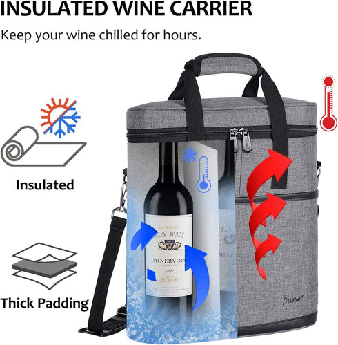 Tirrinia Insulated Wine Gift carrier - 3 Bottle Travel Wine Carry Cooler Tote Bag with Handle and Adjustable Shoulder Strap, Grey...