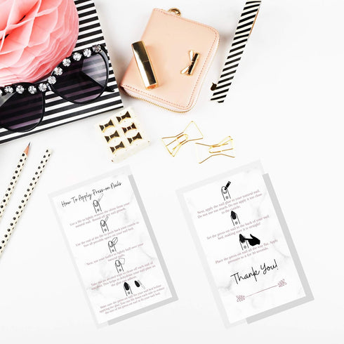 Press-On Nail Application Instructions Cards | 50 Pack | 2x3.5" inch Business Card Size | DIY Press-On Nail Kit | Marble with Rosey Gold Design...