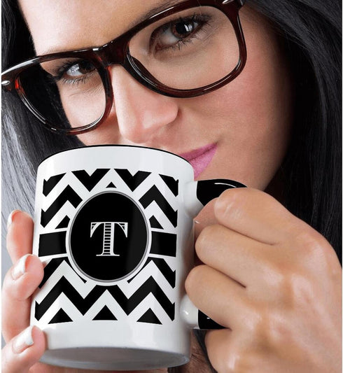 3dRose mug_222082_4 Black and white chevron monogram initial T - Two Tone Black Mug, 11oz...