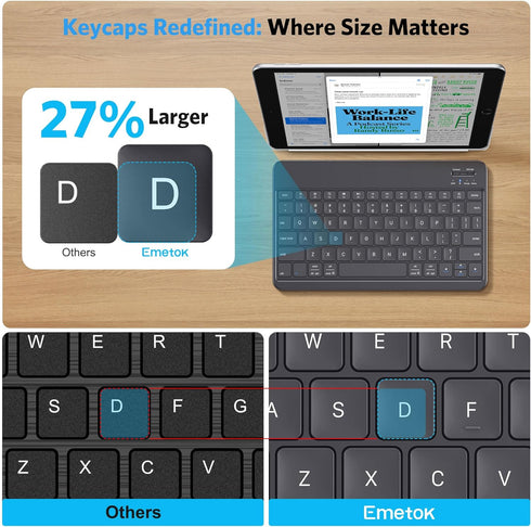 Emetok Portable Bluetooth Keyboard with Larger Keycaps, Upgraded Rechargeable BLE Keyboard for iPad 10.2 inch, Speedier Response/Comfortable Typin...
